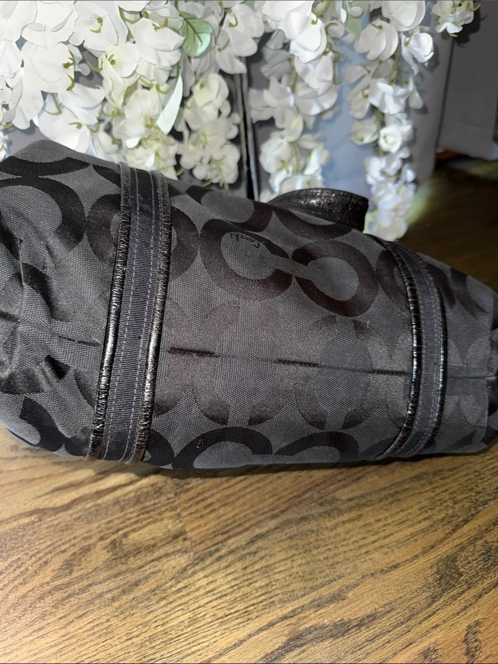 Coach POPPY Black Signature Tote with Pink Sequin Butterfly Charm